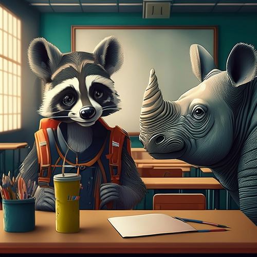 a raccoon wearing an orange backpack at a desk with the head of a rhino on the right side of the image