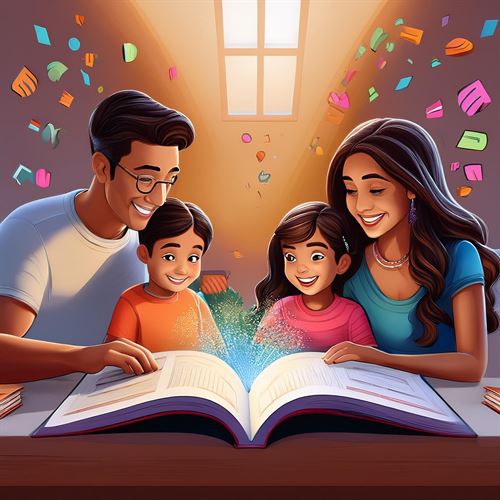 an open book with a father, son, daughter, and mother looking at it, colorful squares coming out of the book