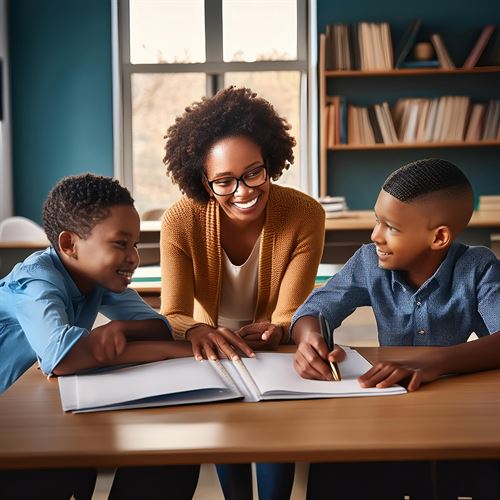 a mom with a son on either side of her looking at work with her children