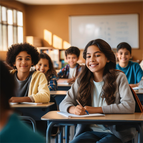 students sitting at desks in a classroom with a white board on the wall behind them